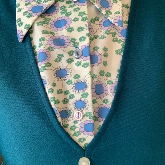 🇬🇧 60s 70s Vintage Flower Power 🌼Blouse Floral Button up Shirt Blue Green M/L - Picture 10 of 10